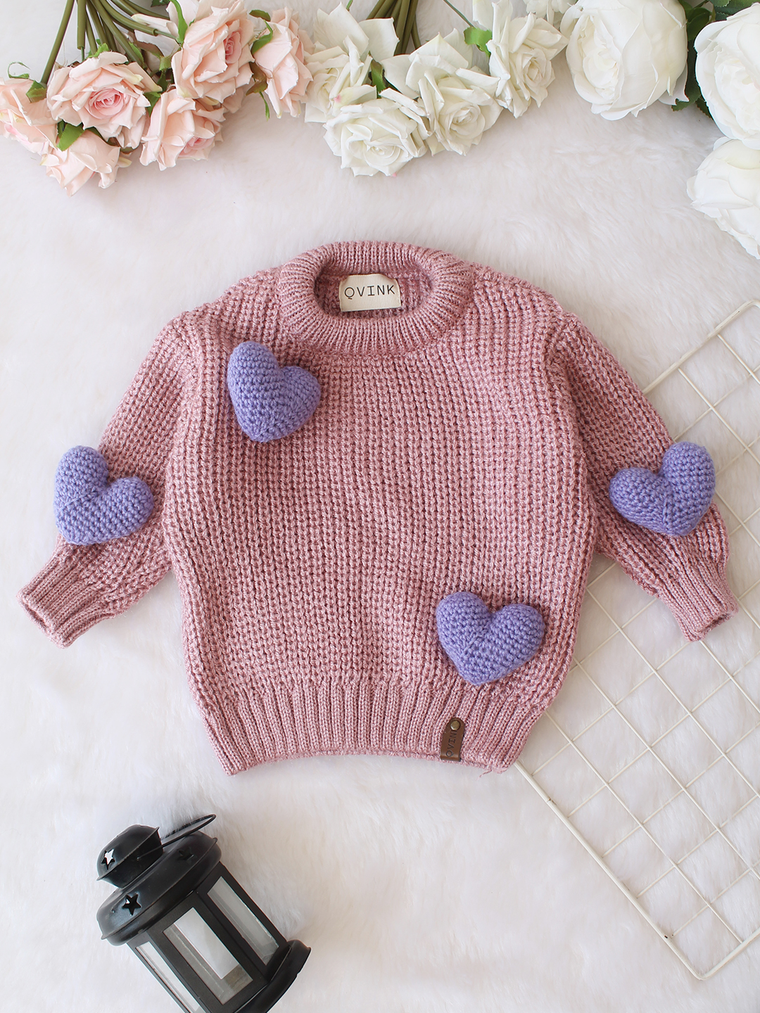 Qvink Knitted Full Sleeves Heart Applique Detailed Sweater - Purple
