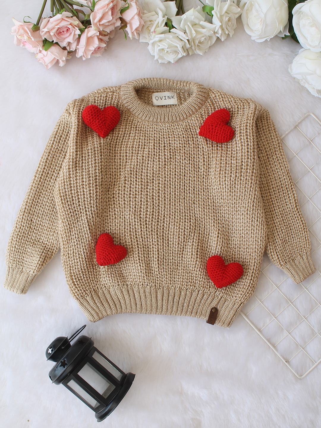 Qvink Knitted Full Sleeves Heart Applique Detailed Sweater - Beige
