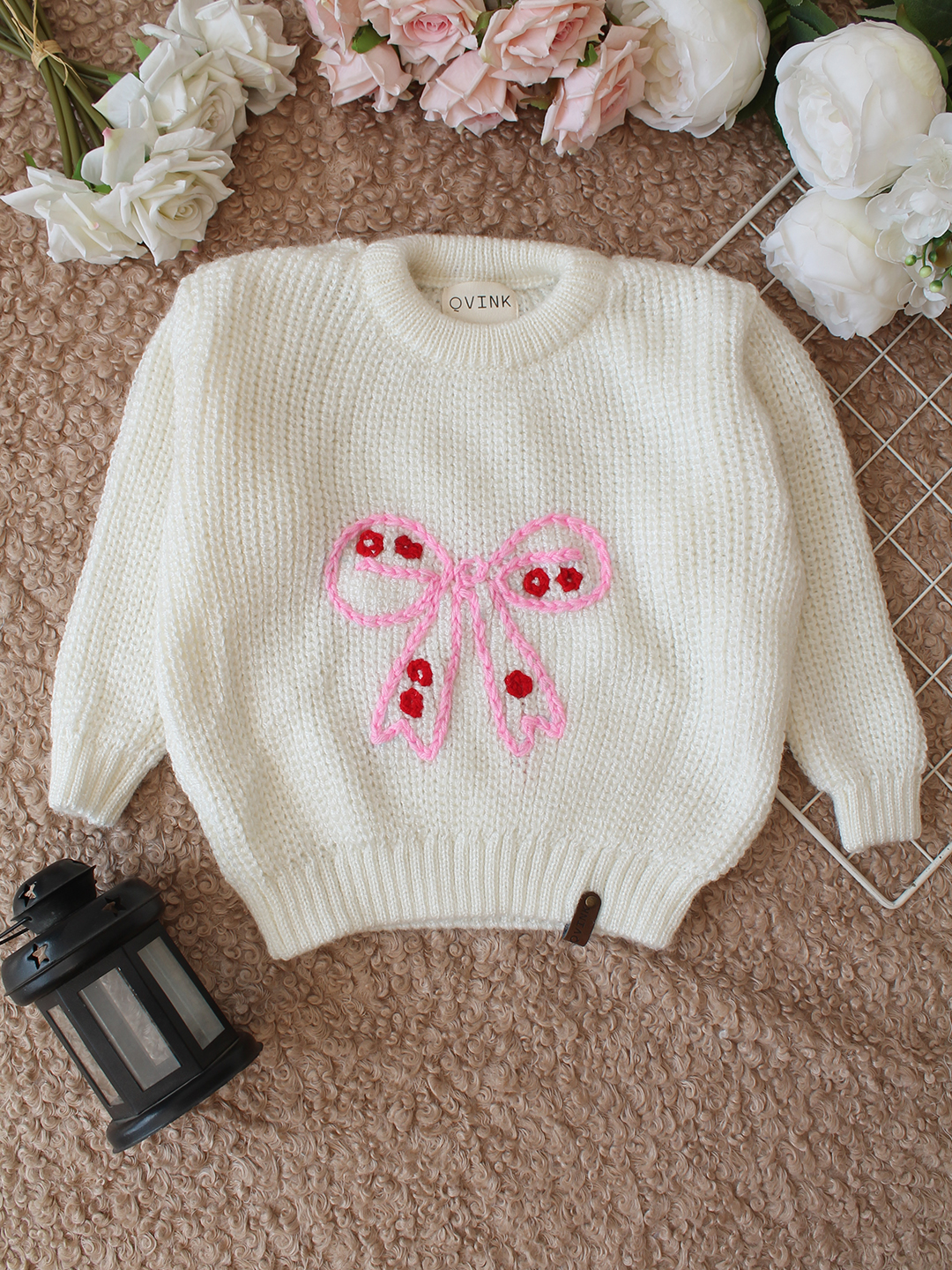 Qvink Knitted Full Sleeves Bow Embroidered Sweater - Cream