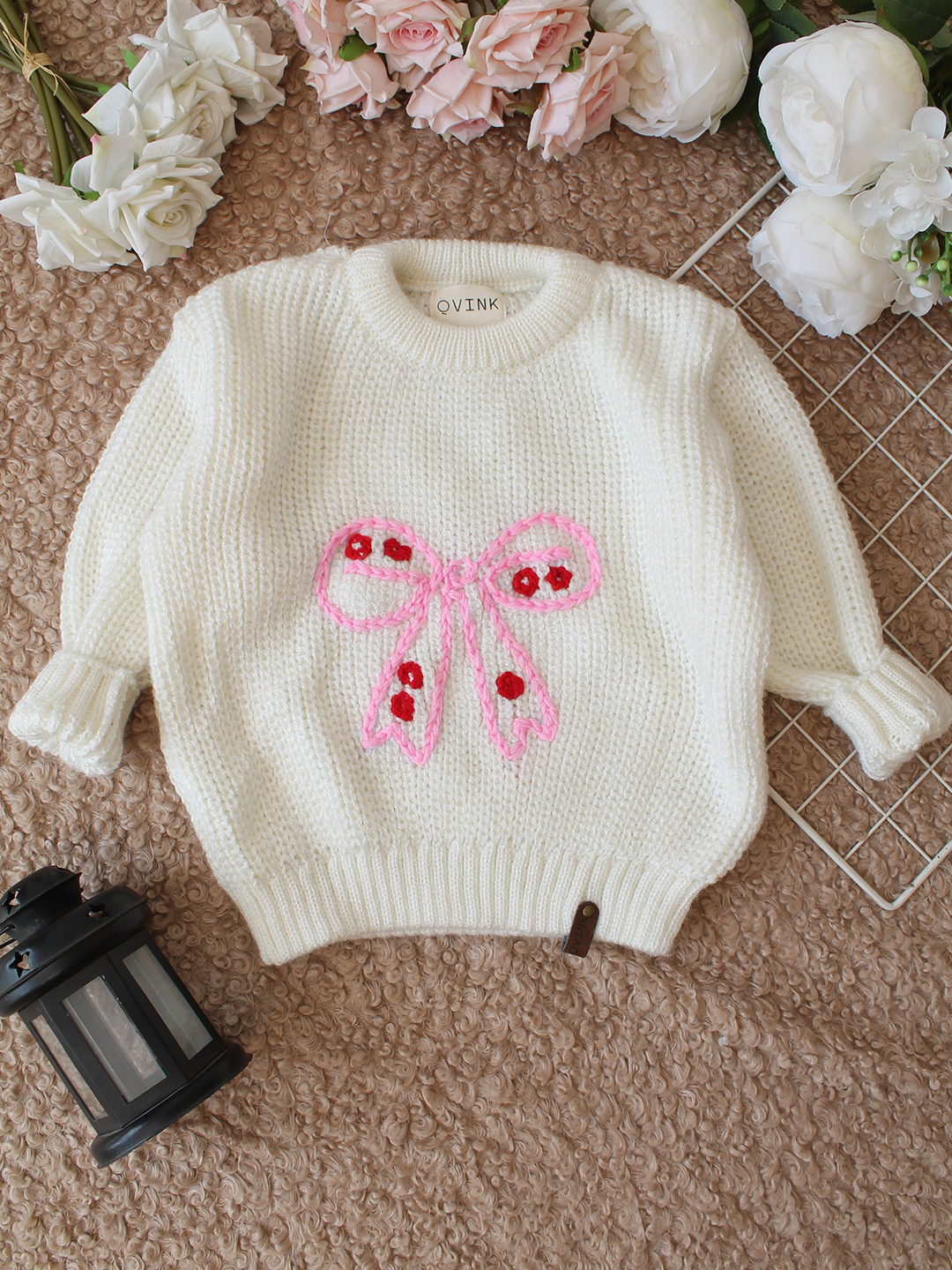 Qvink Knitted Full Sleeves Bow Embroidered Sweater - Cream