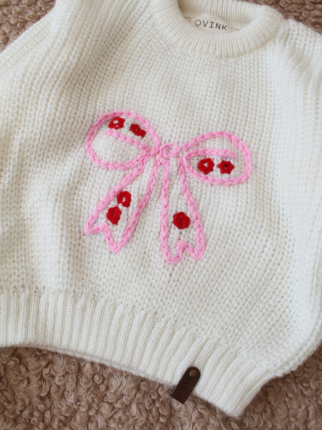 Qvink Knitted Full Sleeves Bow Embroidered Sweater - Cream