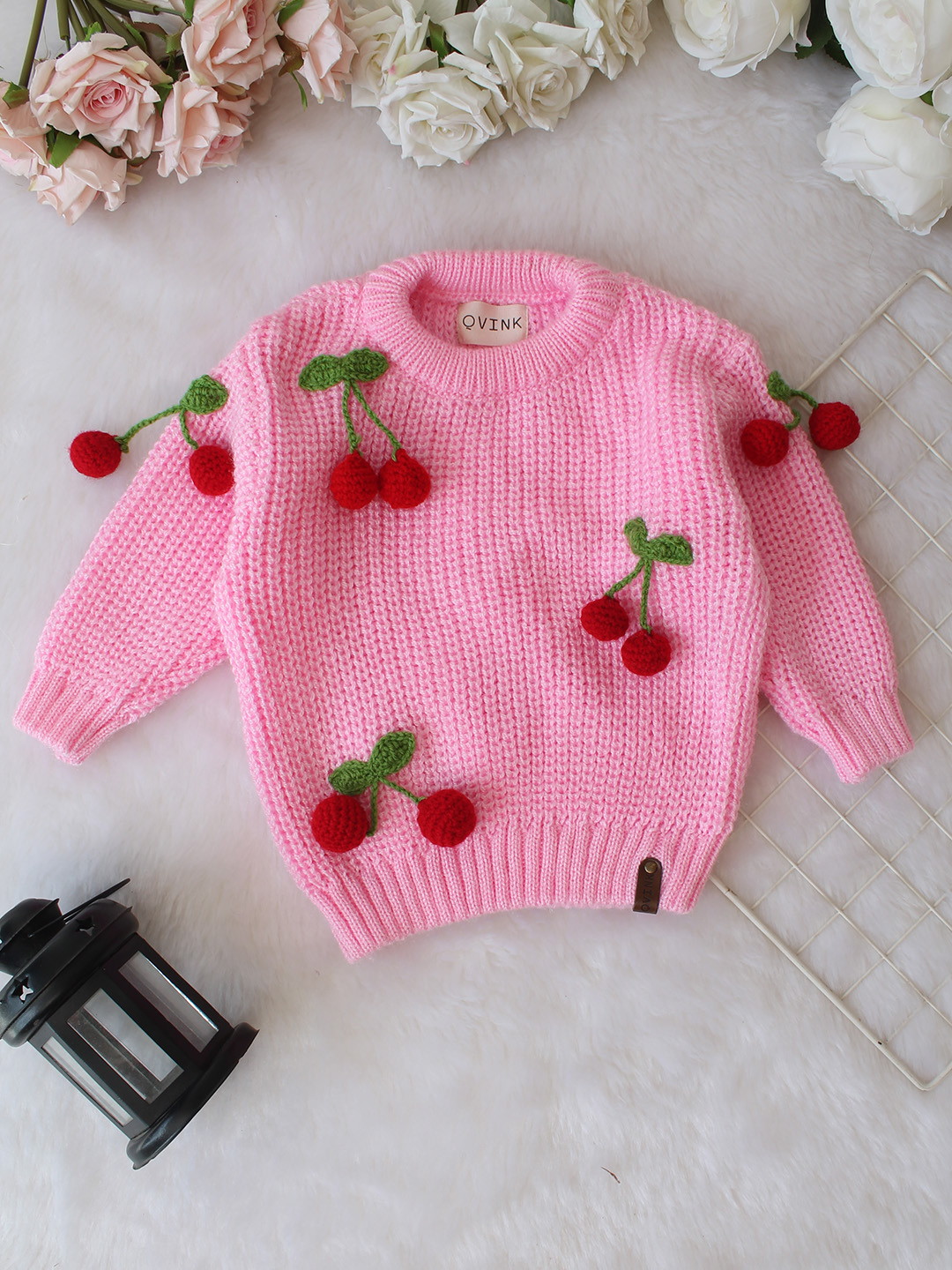 Qvink Knitted Full Sleeves Cherry Applique Detailed Sweater - Pink