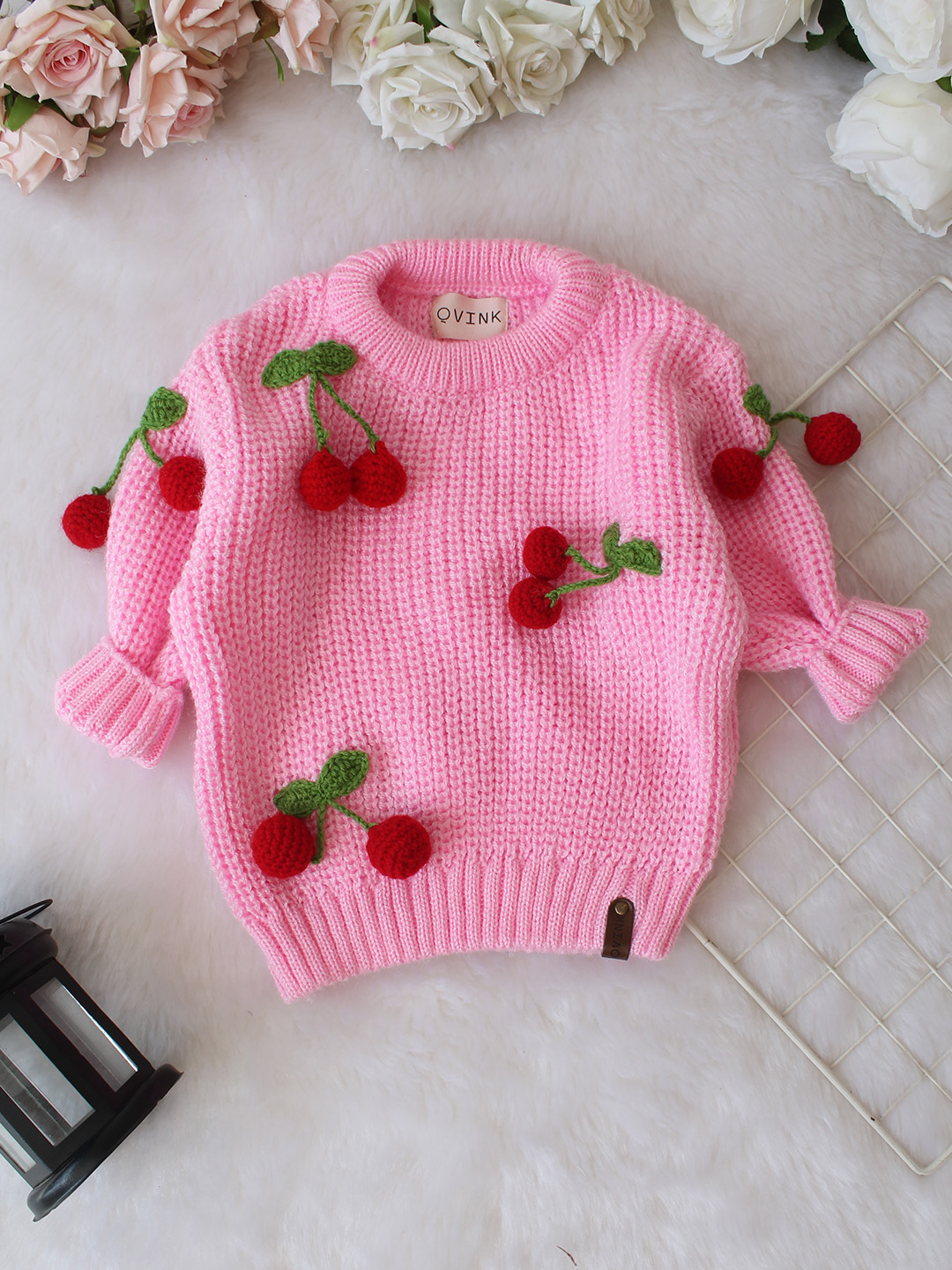 Qvink Knitted Full Sleeves Cherry Applique Detailed Sweater - Pink