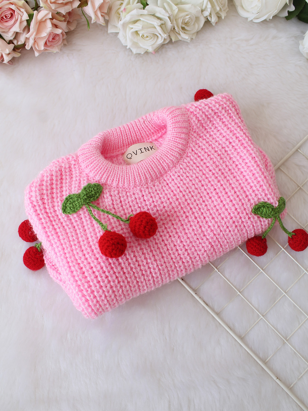 Qvink Knitted Full Sleeves Cherry Applique Detailed Sweater - Pink