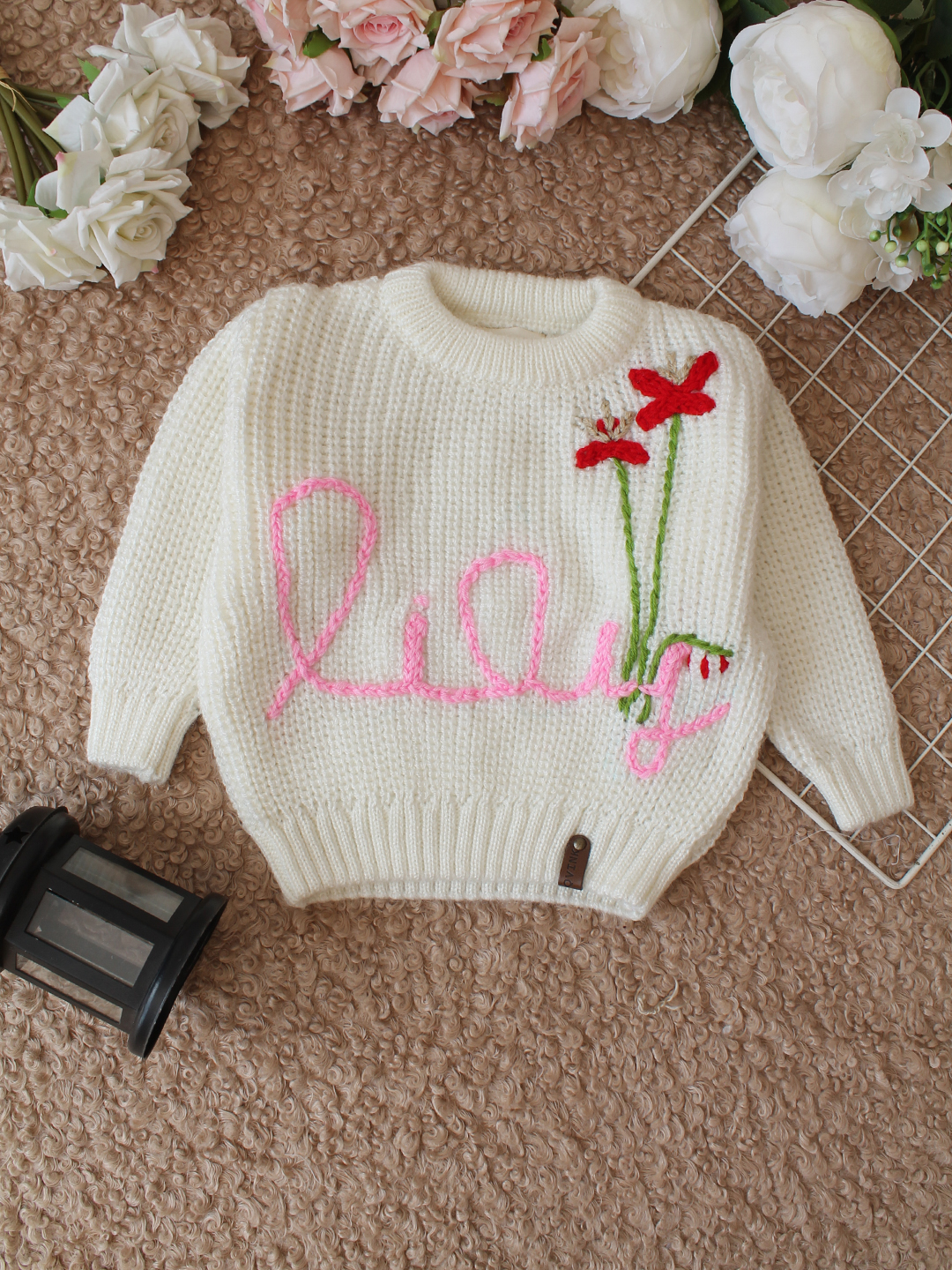 Qvink Knitted Full Sleeves Lily Embroidered Sweater - Cream