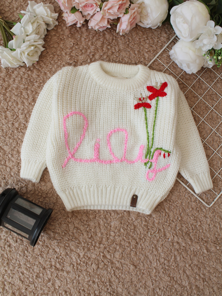 Image of Qvink Knitted Full Sleeves Lily Embroidered Sweater - Cream