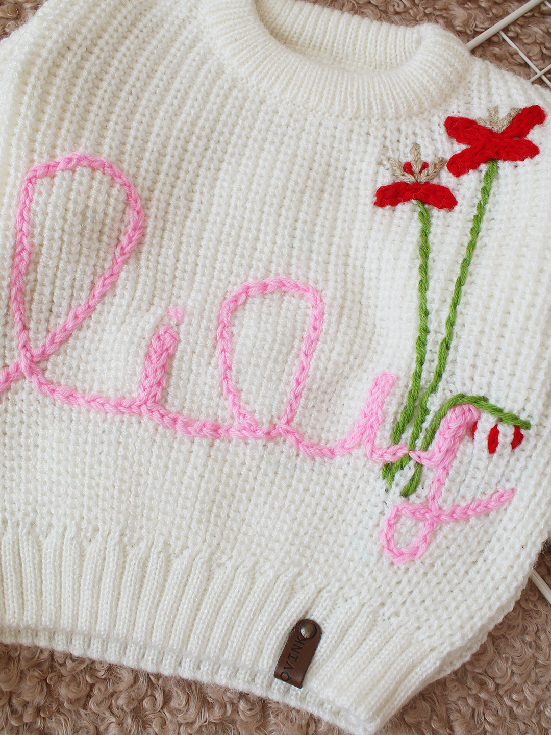 Qvink Knitted Full Sleeves Lily Embroidered Sweater - Cream