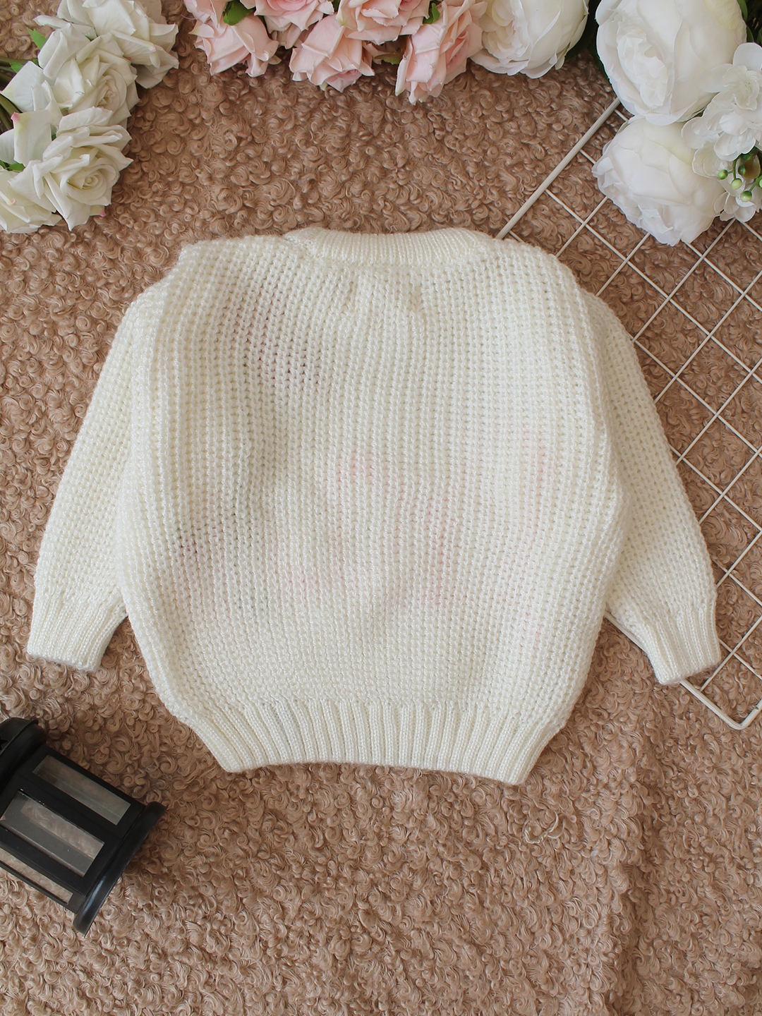 Qvink Knitted Full Sleeves Lily Embroidered Sweater - Cream