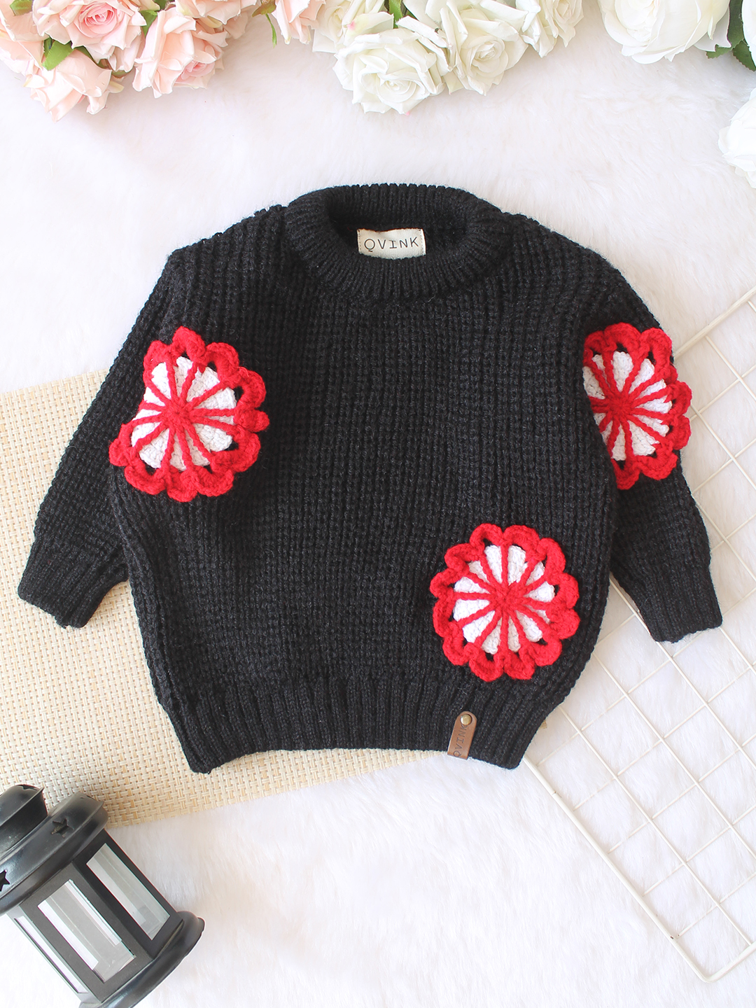 Qvink Knitted Full Sleeves Red and White Floral Applique Detailed Sweater - Black