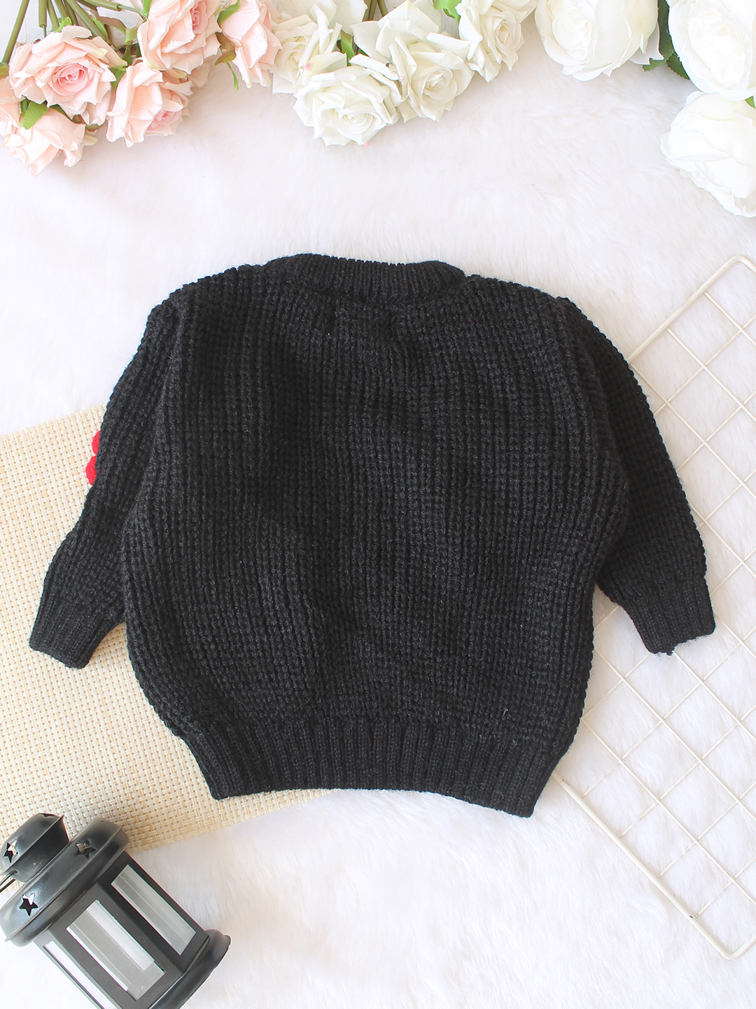 Qvink Knitted Full Sleeves Red and White Floral Applique Detailed Sweater - Black