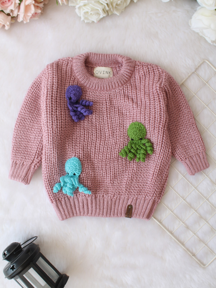 Image of Qvink Knitted Full Sleeves Octopus Applique Detailed Sweater - Purple