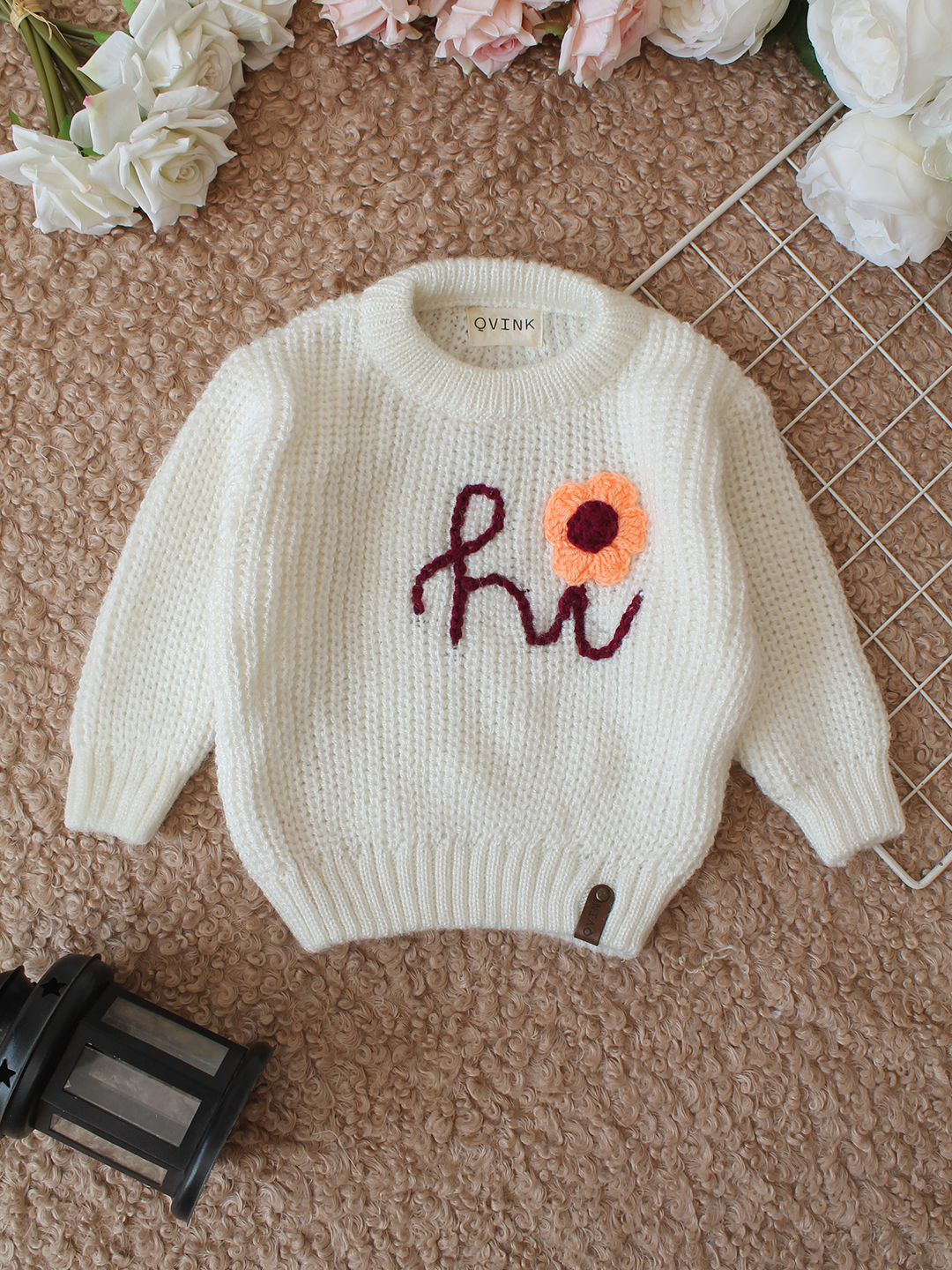 Qvink Knitted Full Sleeves Hi Embroidered Sweater - Cream