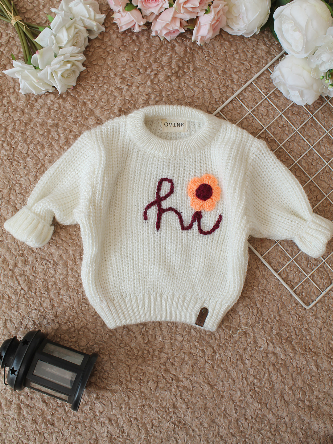 Qvink Knitted Full Sleeves Hi Embroidered Sweater - Cream