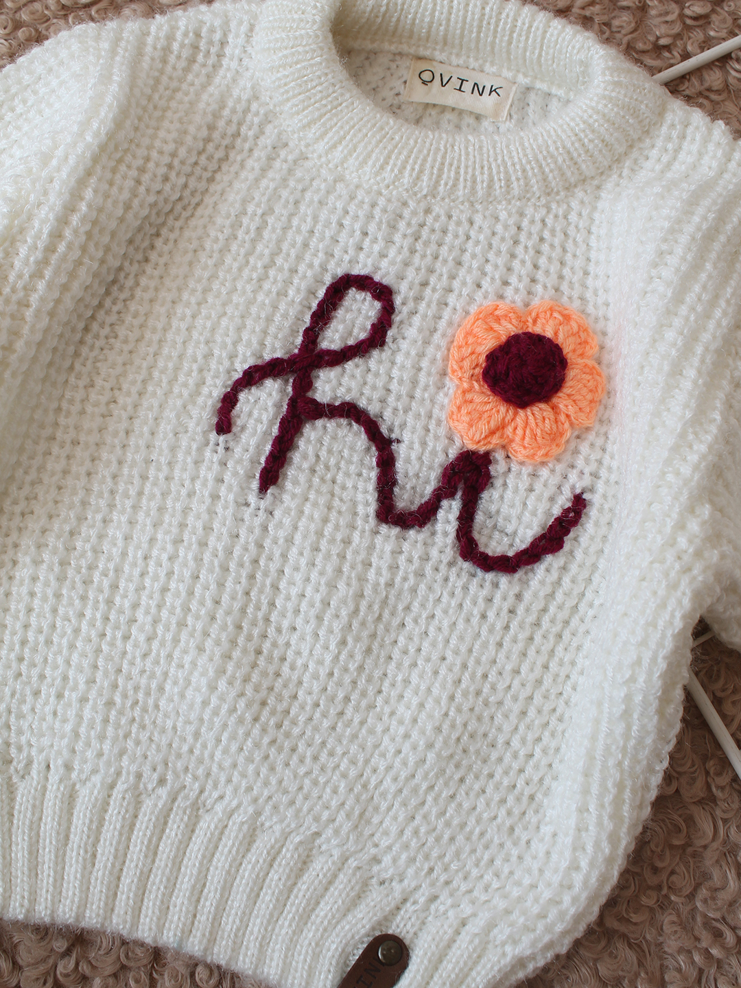 Qvink Knitted Full Sleeves Hi Embroidered Sweater - Cream