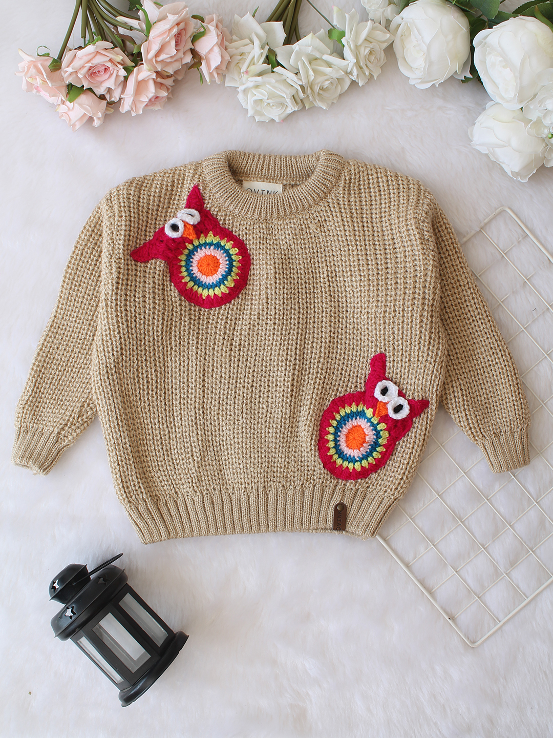 Qvink Knitted Full Sleeves Owl Applique Detailed Sweater - Beige
