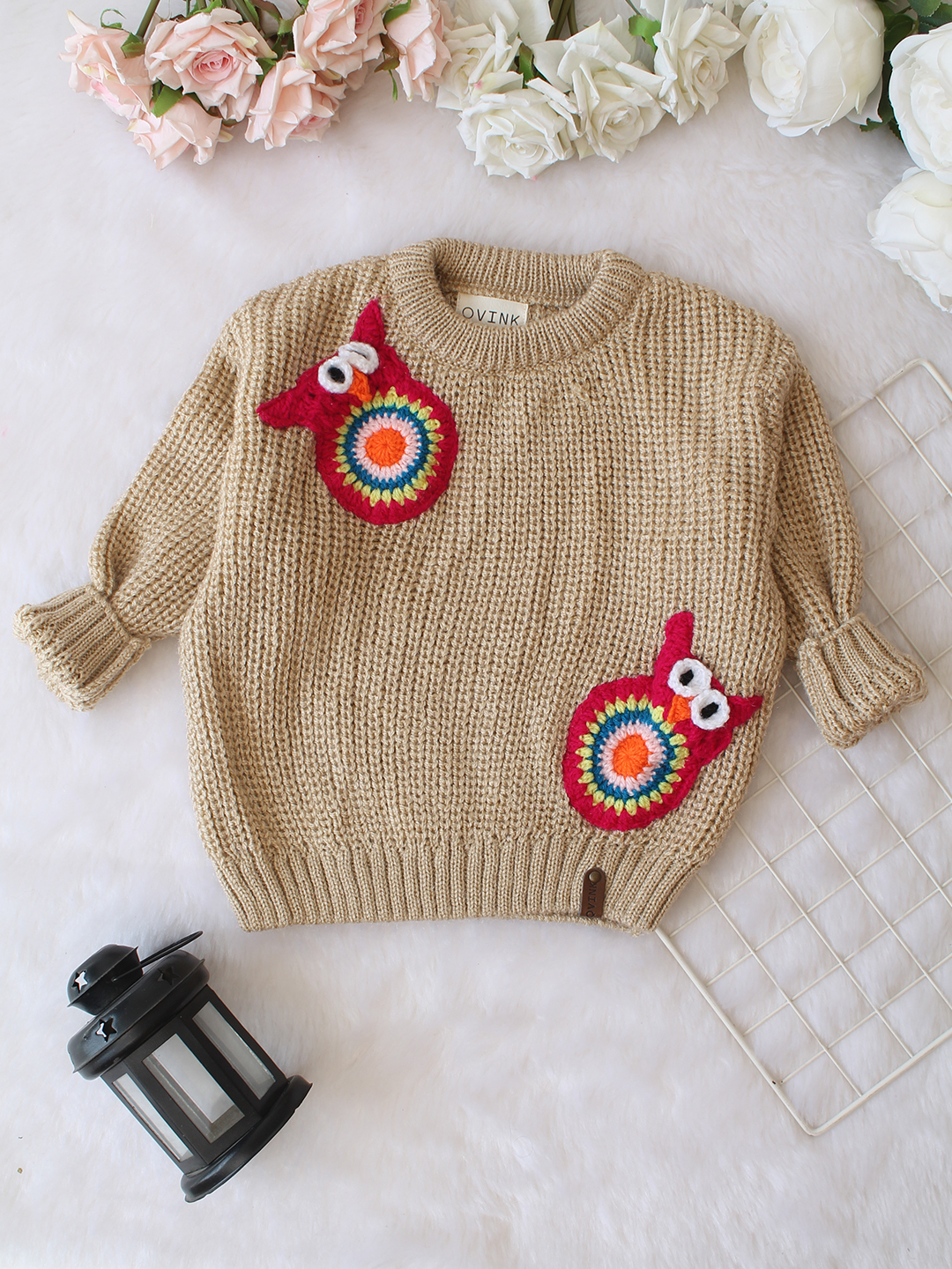 Qvink Knitted Full Sleeves Owl Applique Detailed Sweater - Beige
