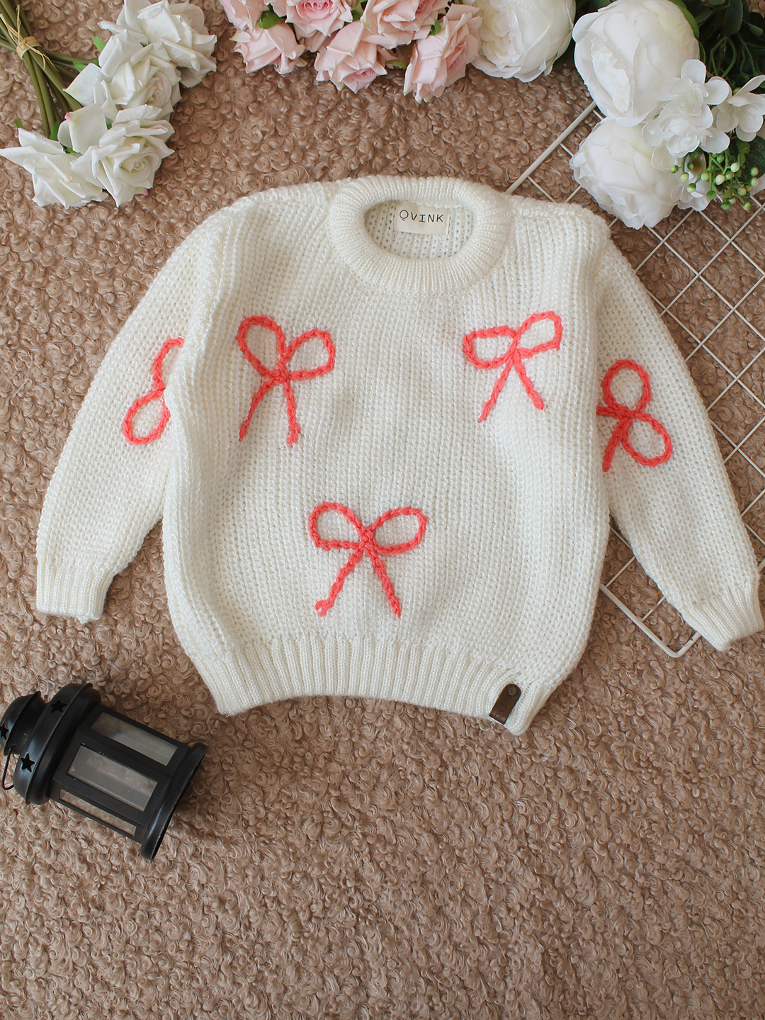 Qvink Knitted Full Sleeves Bow Detailed Sweater - Cream