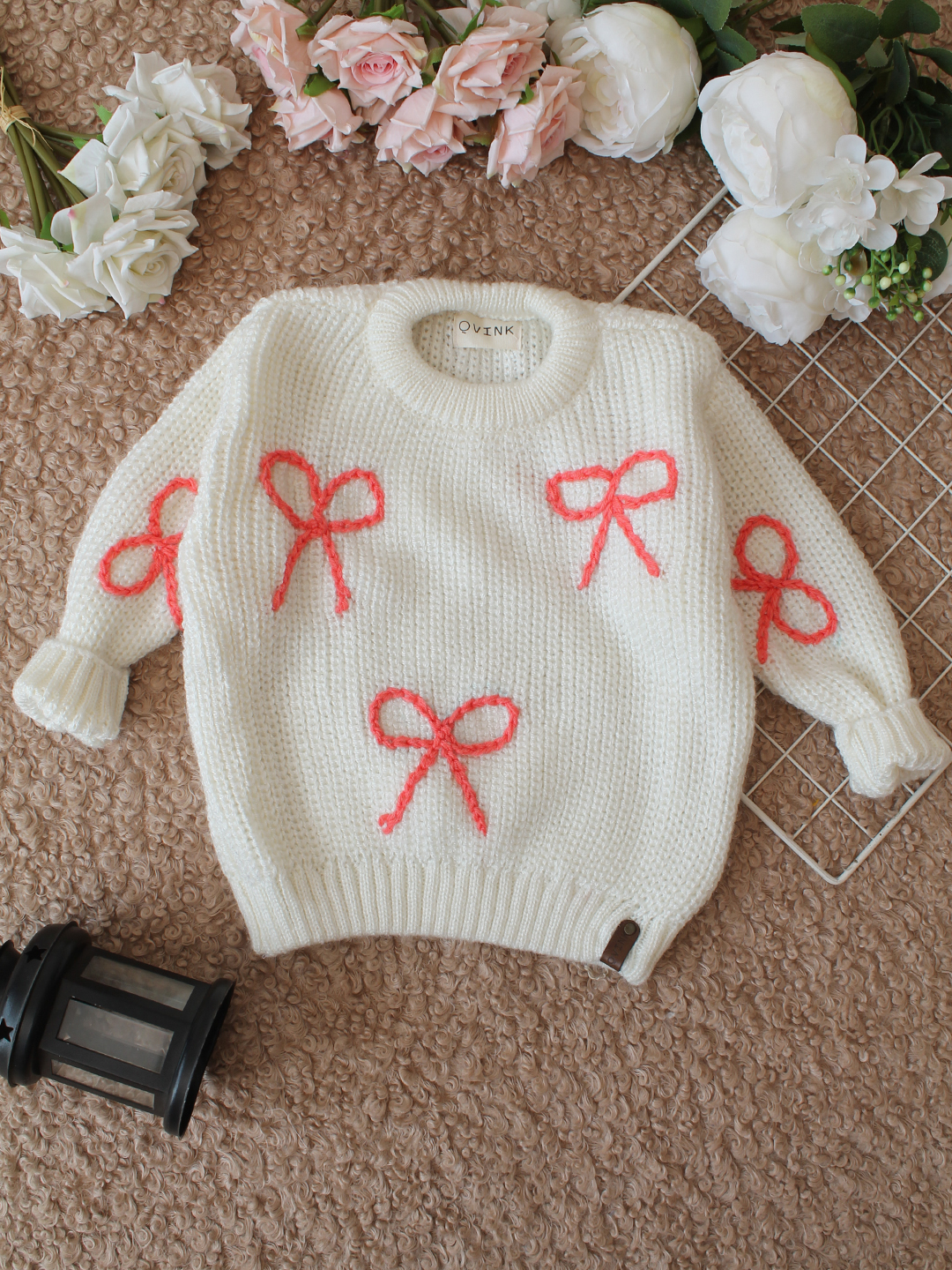 Qvink Knitted Full Sleeves Bow Detailed Sweater - Cream