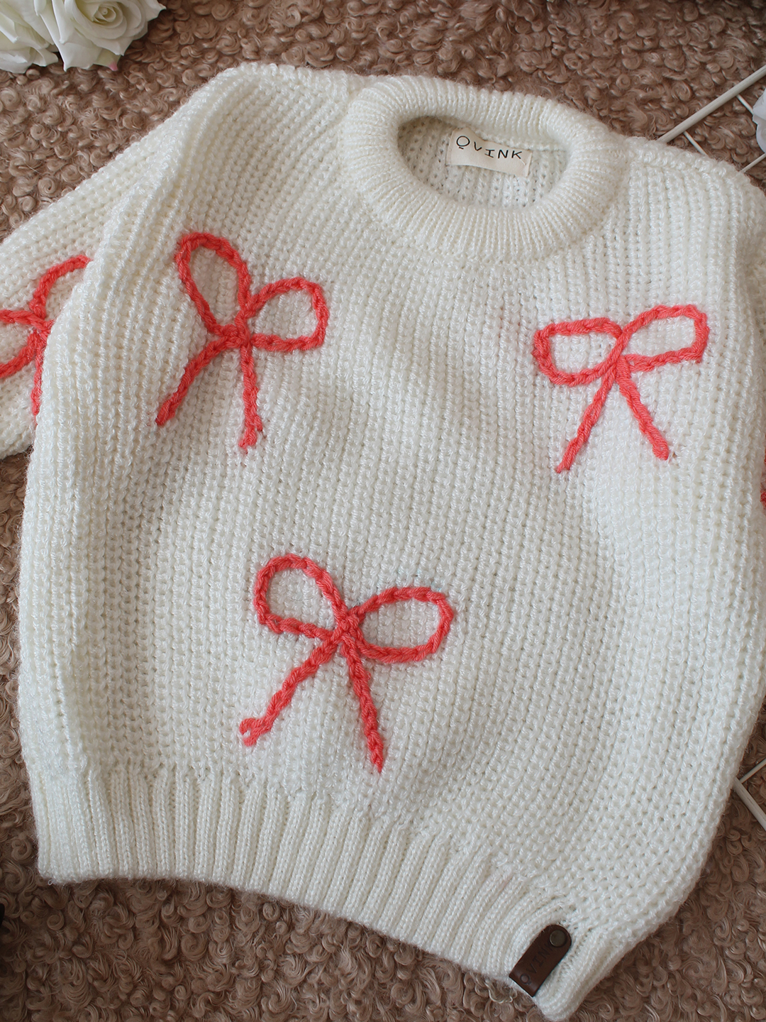 Qvink Knitted Full Sleeves Bow Detailed Sweater - Cream