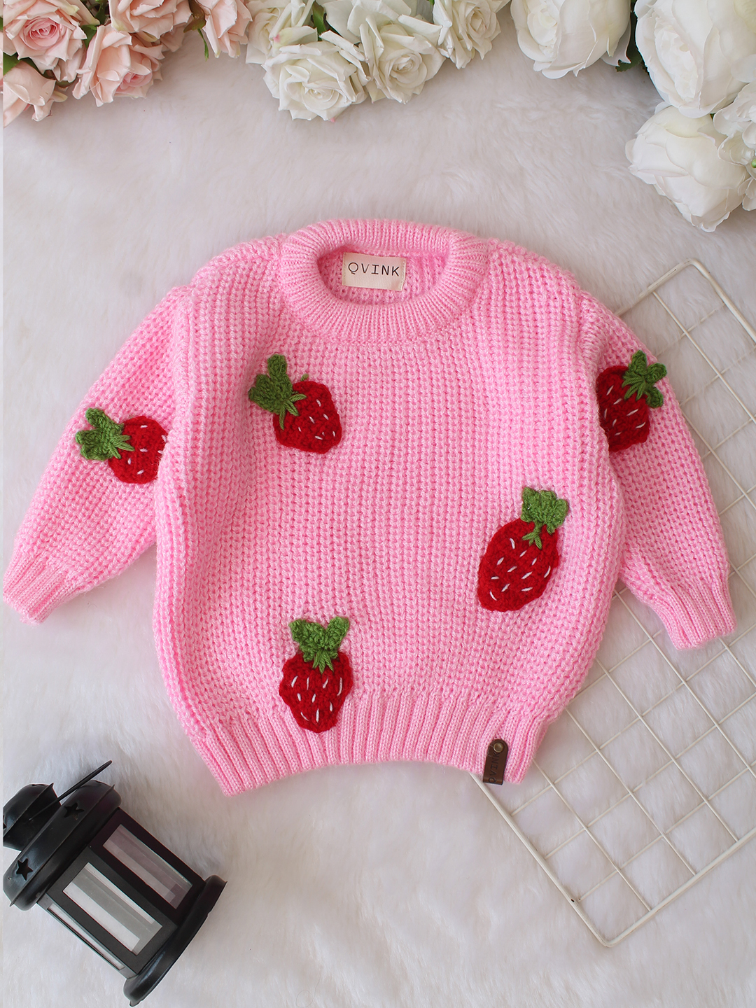 Qvink Knitted Full Sleeves Strawberry Applique Detailed Sweater - Pink
