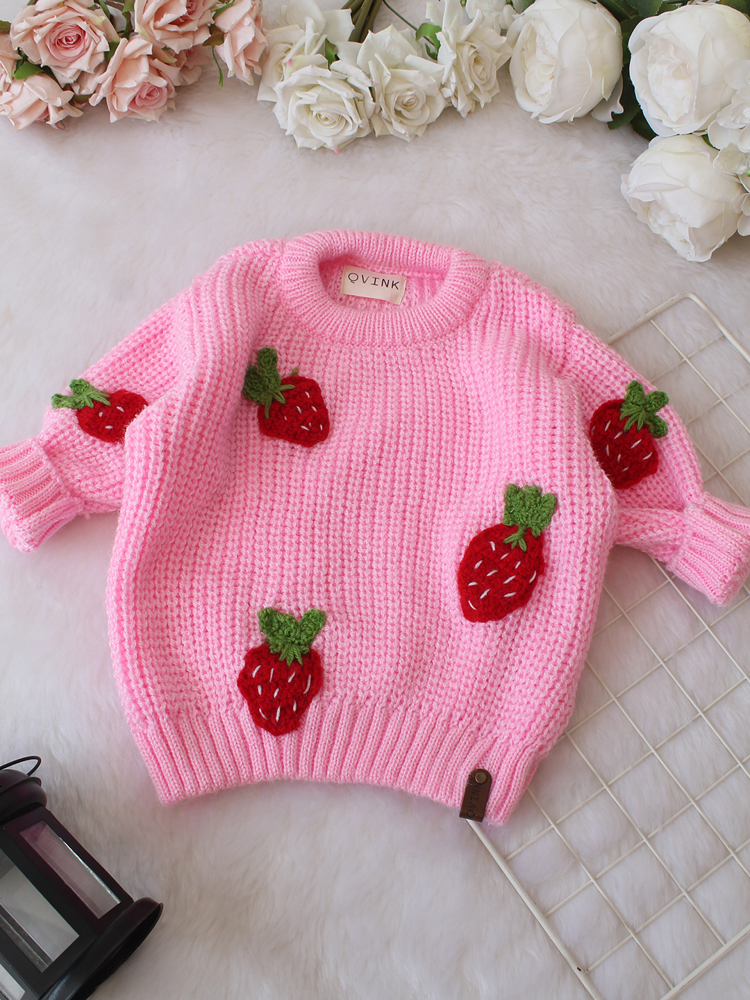 Qvink Knitted Full Sleeves Strawberry Applique Detailed Sweater - Pink