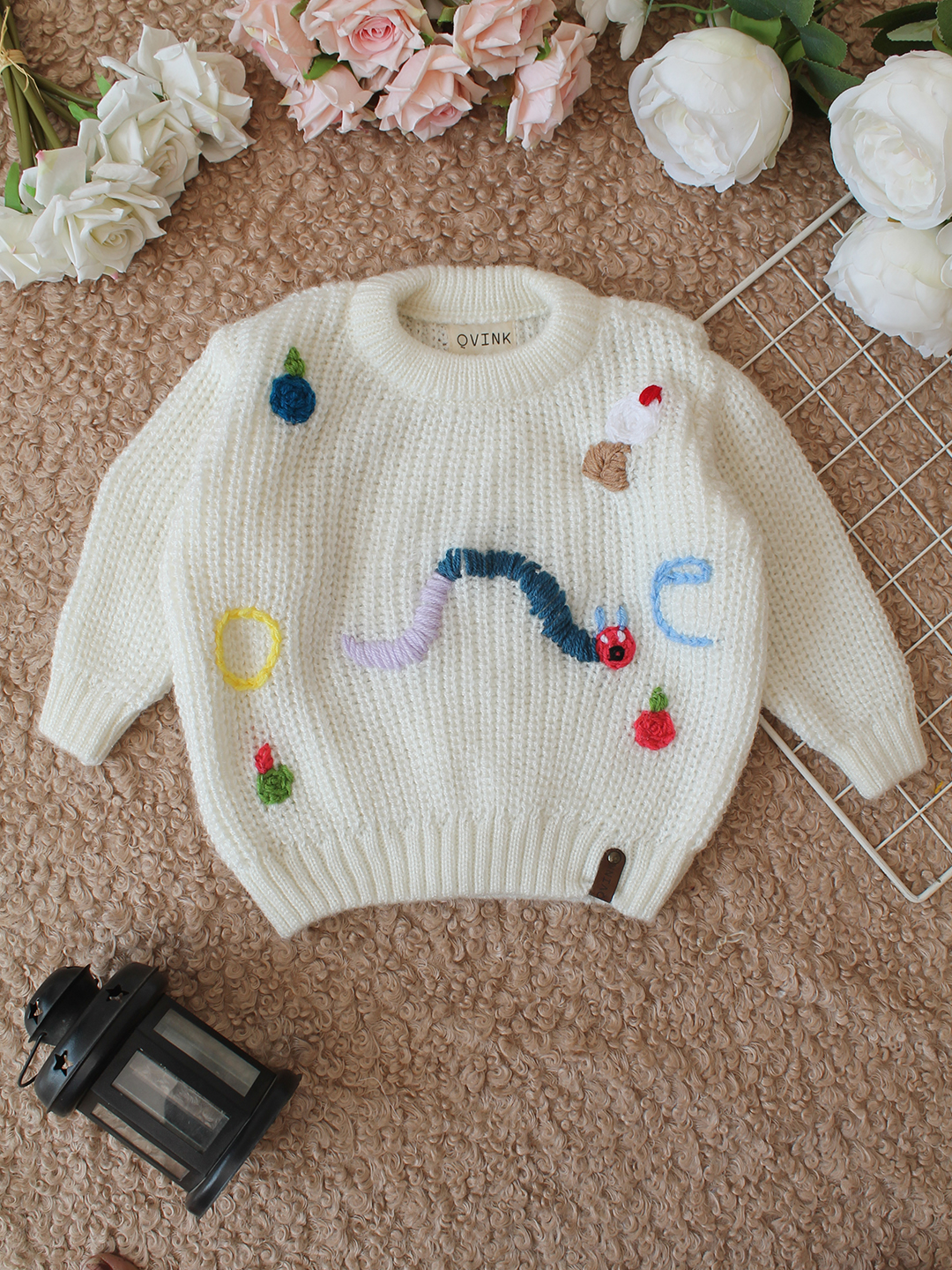 Qvink Knitted Full Sleeves Caterpillar Designed One Text Sweater - Cream