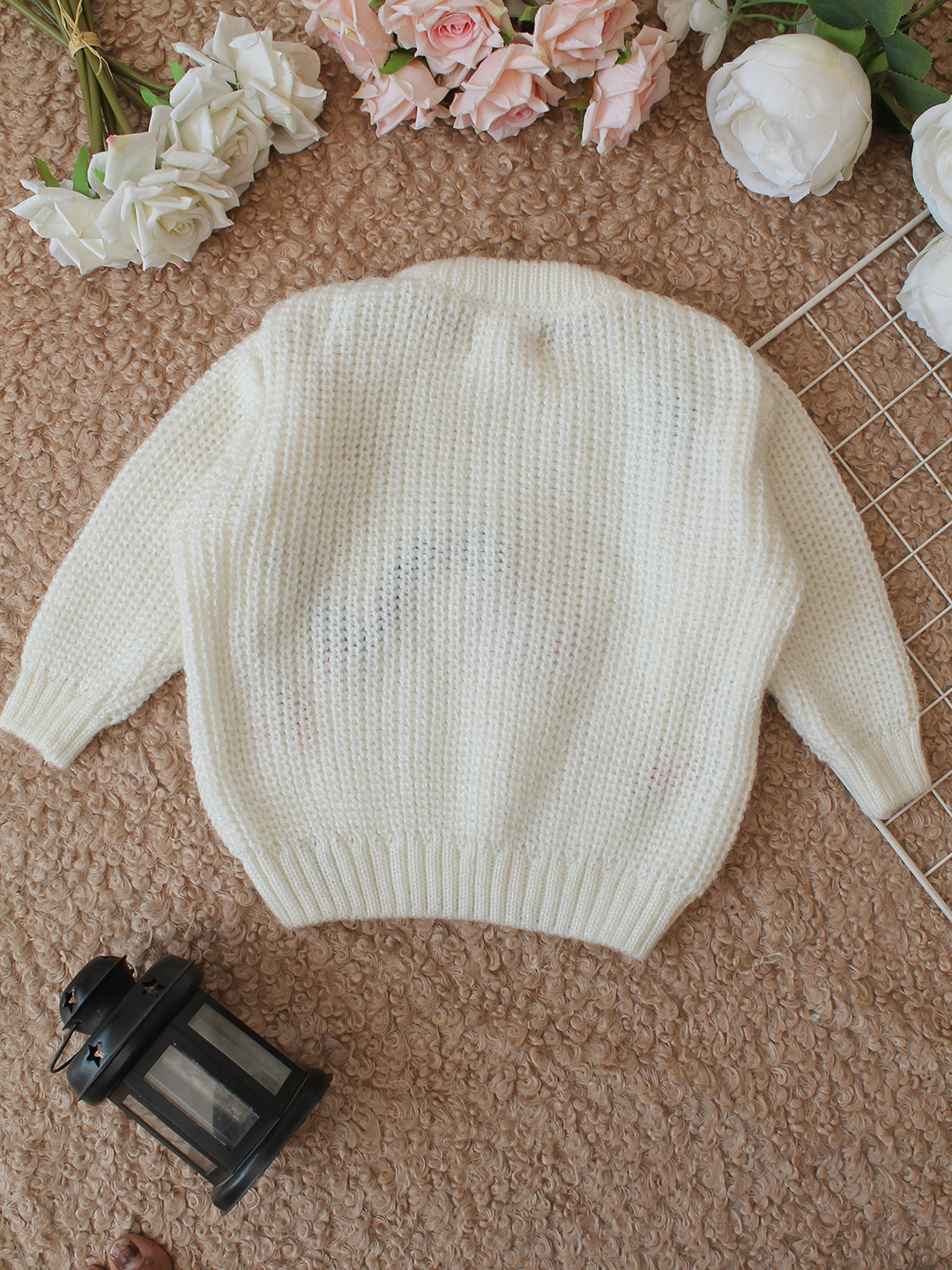 Qvink Knitted Full Sleeves Caterpillar Designed One Text Sweater - Cream