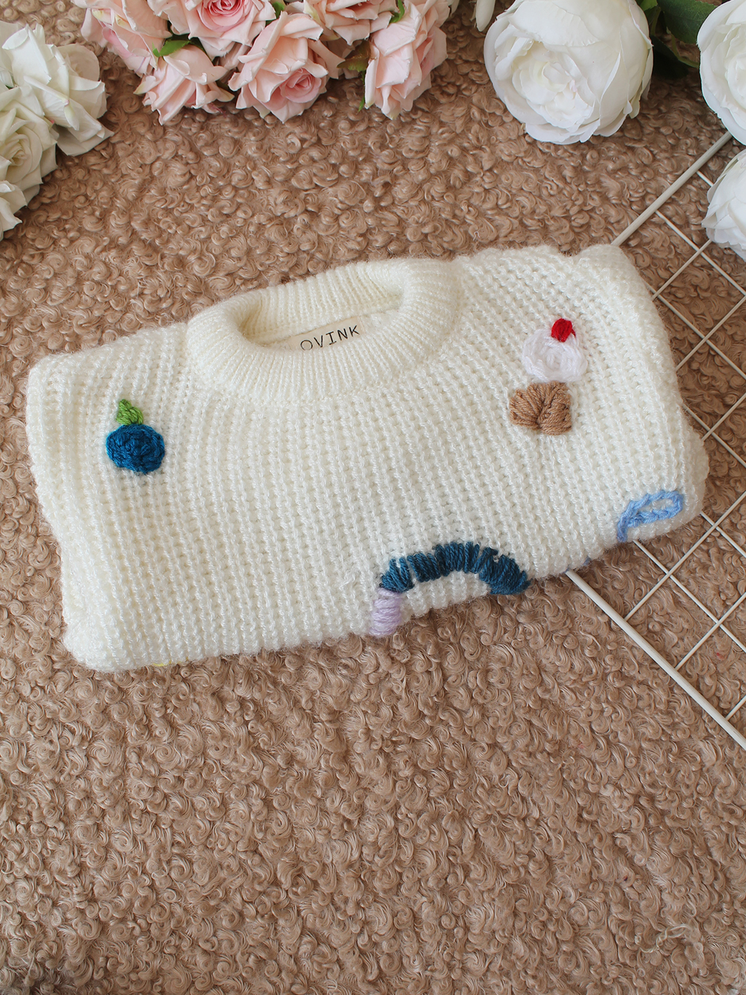 Qvink Knitted Full Sleeves Caterpillar Designed One Text Sweater - Cream