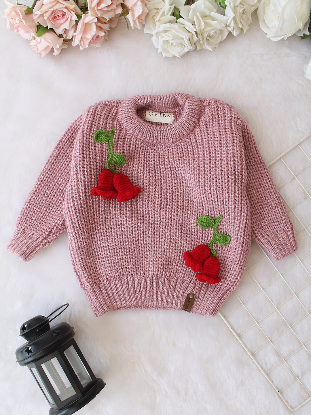 Qvink Knitted Full Sleeves Tulip Floral Applique Detailed Sweater - Purple