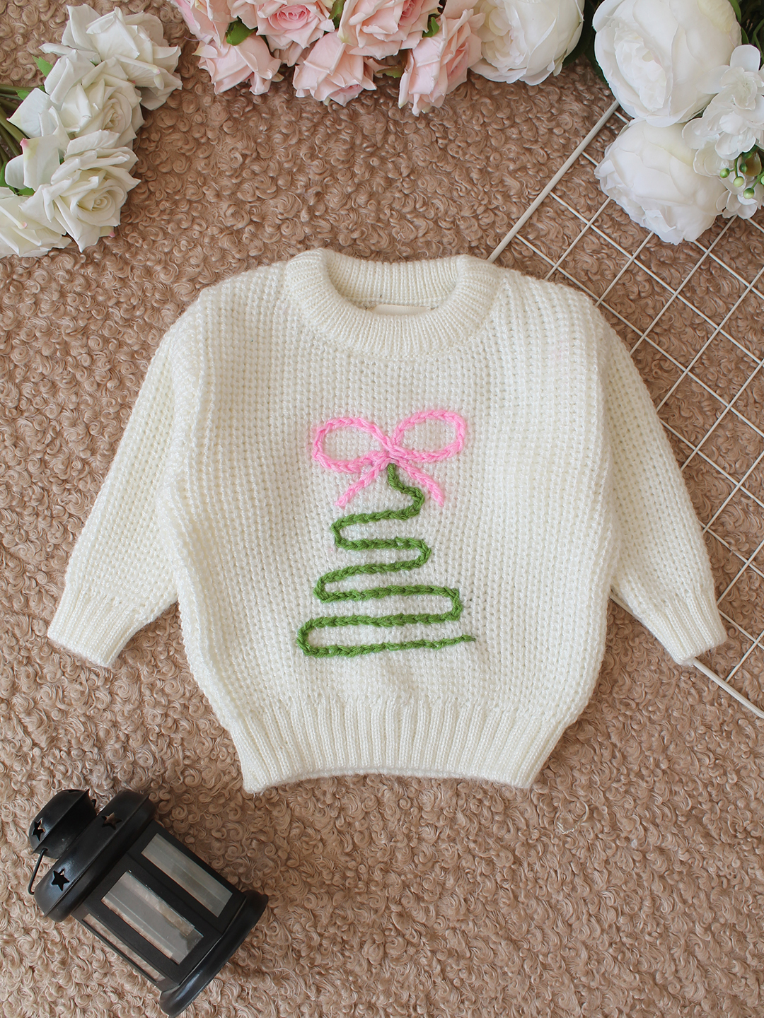 Qvink Knitted Full Sleeves Christmas Tree Designed Sweater - Cream