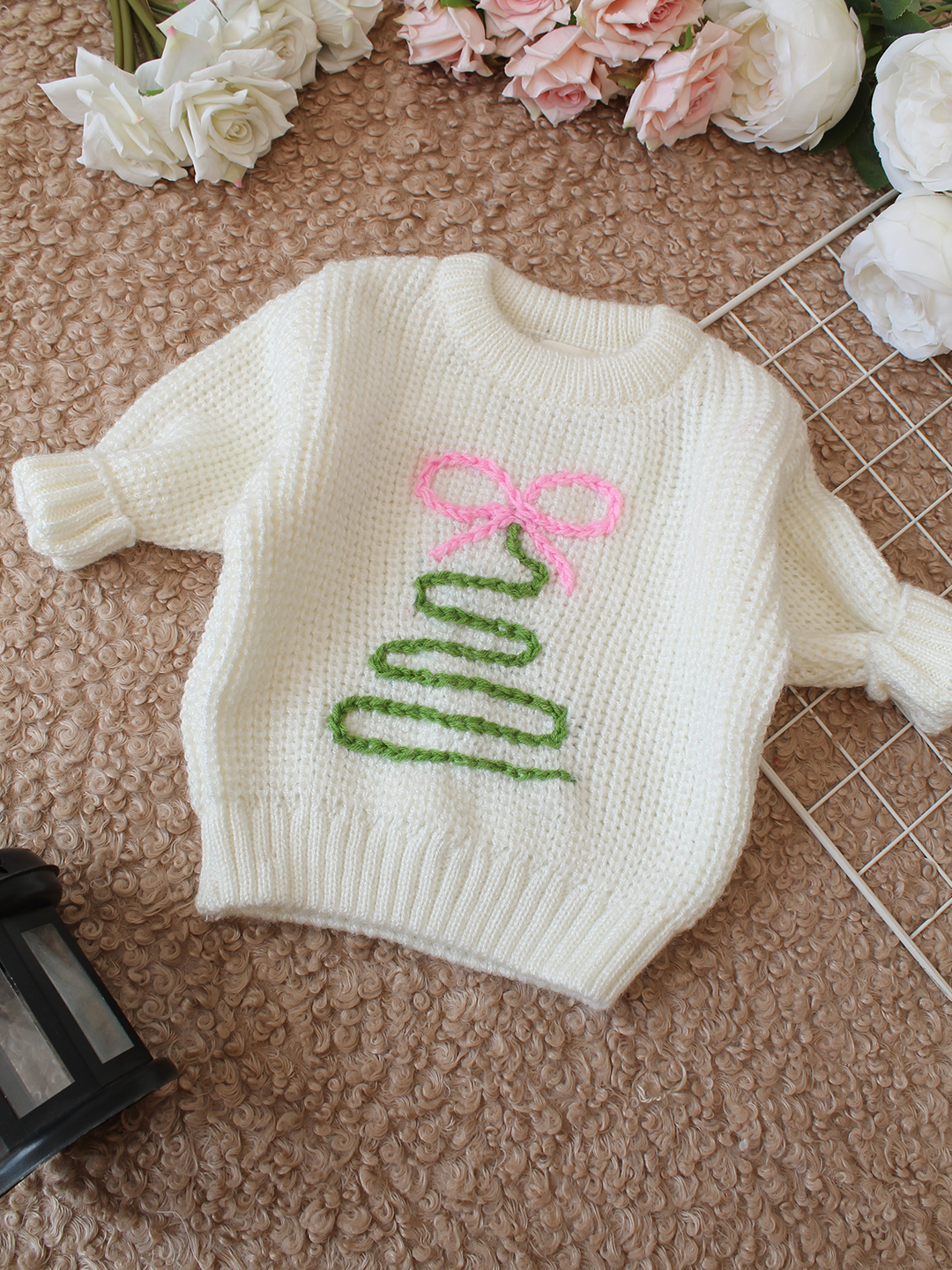 Qvink Knitted Full Sleeves Christmas Tree Designed Sweater - Cream