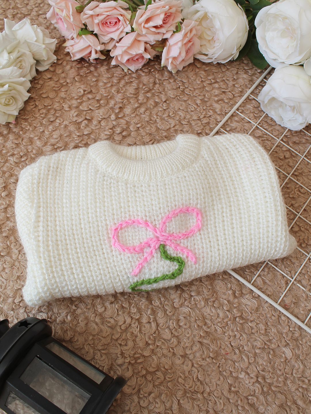 Qvink Knitted Full Sleeves Christmas Tree Designed Sweater - Cream