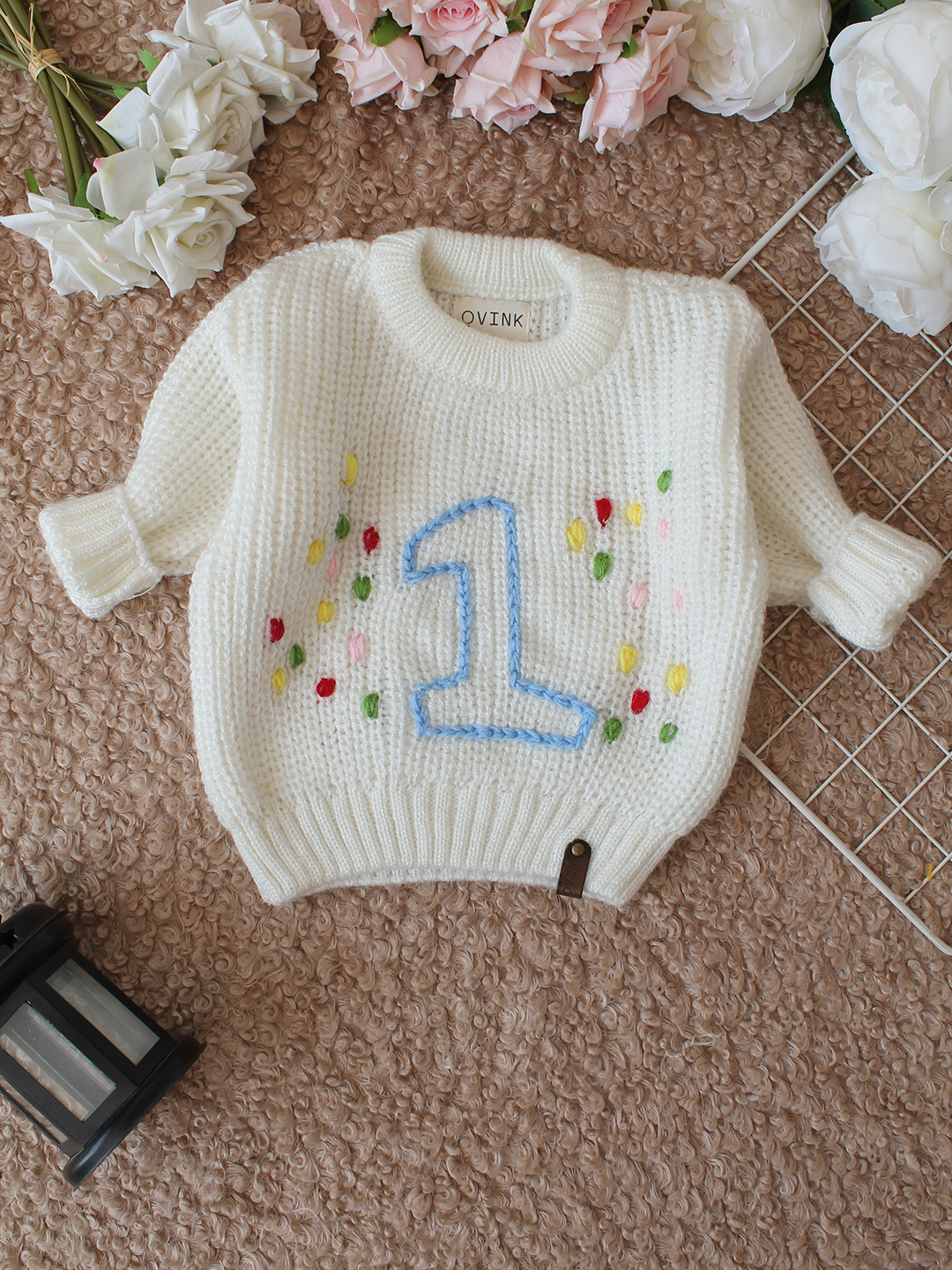 Qvink Knitted Full Sleeves One Text Embroidered Sweater - Cream