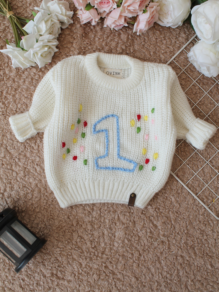 Image of Qvink Knitted Full Sleeves One Text Embroidered Sweater - Cream