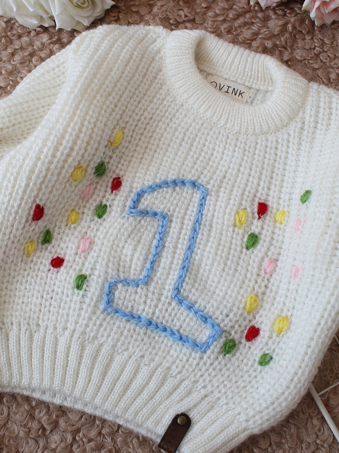 Qvink Knitted Full Sleeves One Text Embroidered Sweater - Cream