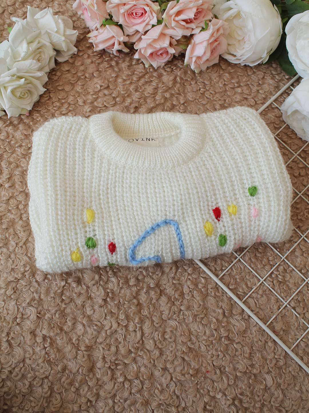 Qvink Knitted Full Sleeves One Text Embroidered Sweater - Cream