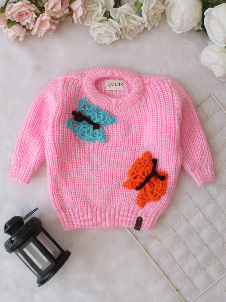 Image of Qvink Knitted Full Sleeves Butterfly Applique Detailed Sweater - Pink
