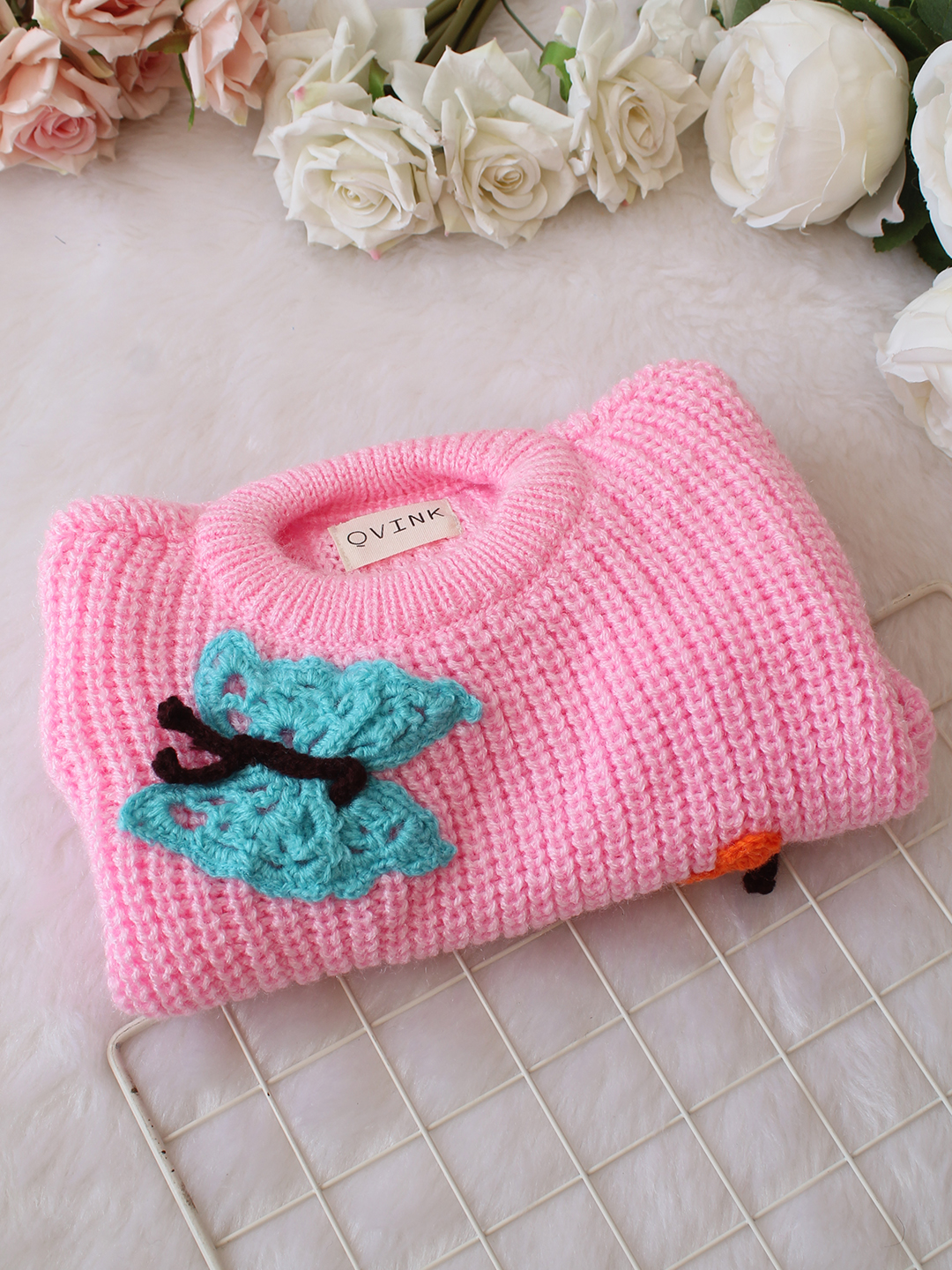 Qvink Knitted Full Sleeves Butterfly Applique Detailed Sweater - Pink