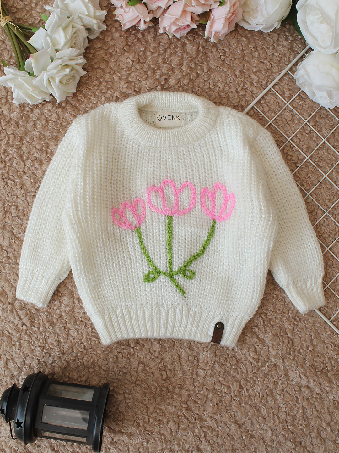 Qvink Knitted Full Sleeves Floral Embroidered Sweater - Cream