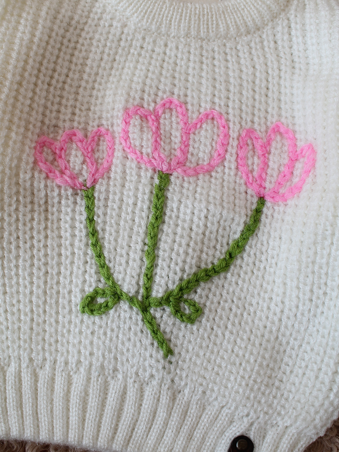 Qvink Knitted Full Sleeves Floral Embroidered Sweater - Cream