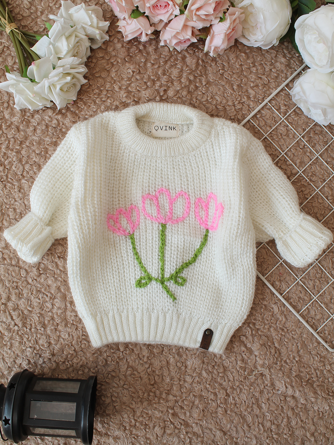 Qvink Knitted Full Sleeves Floral Embroidered Sweater - Cream