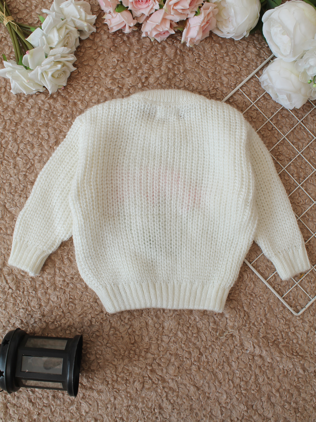 Qvink Knitted Full Sleeves Floral Embroidered Sweater - Cream