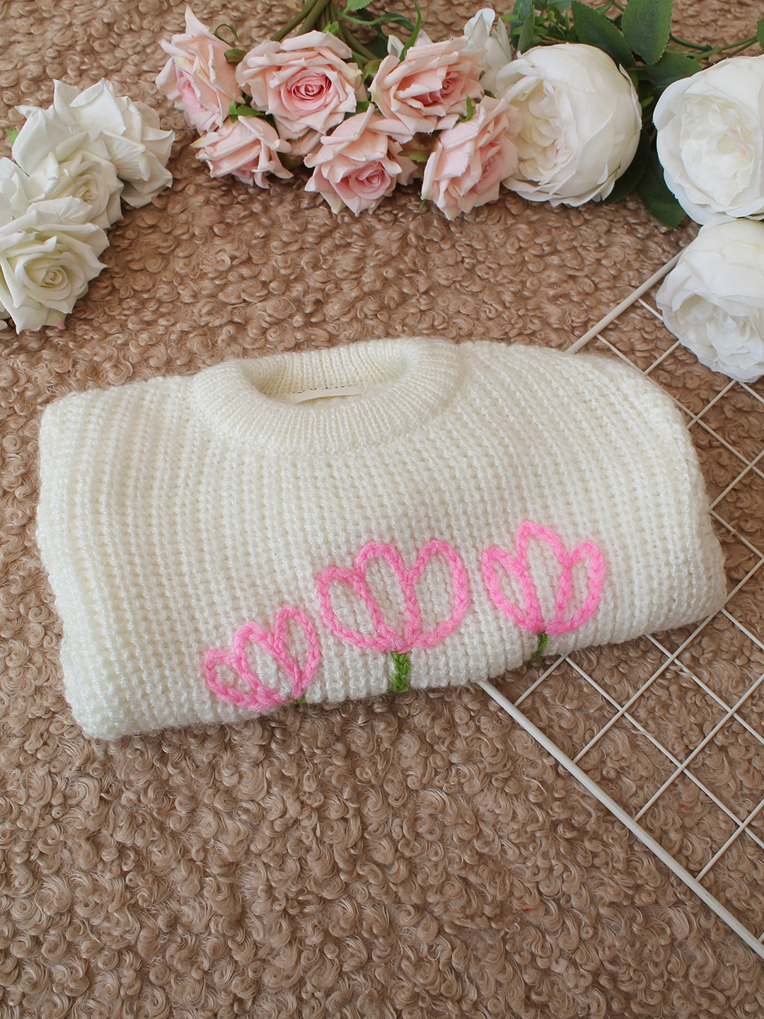 Qvink Knitted Full Sleeves Floral Embroidered Sweater - Cream