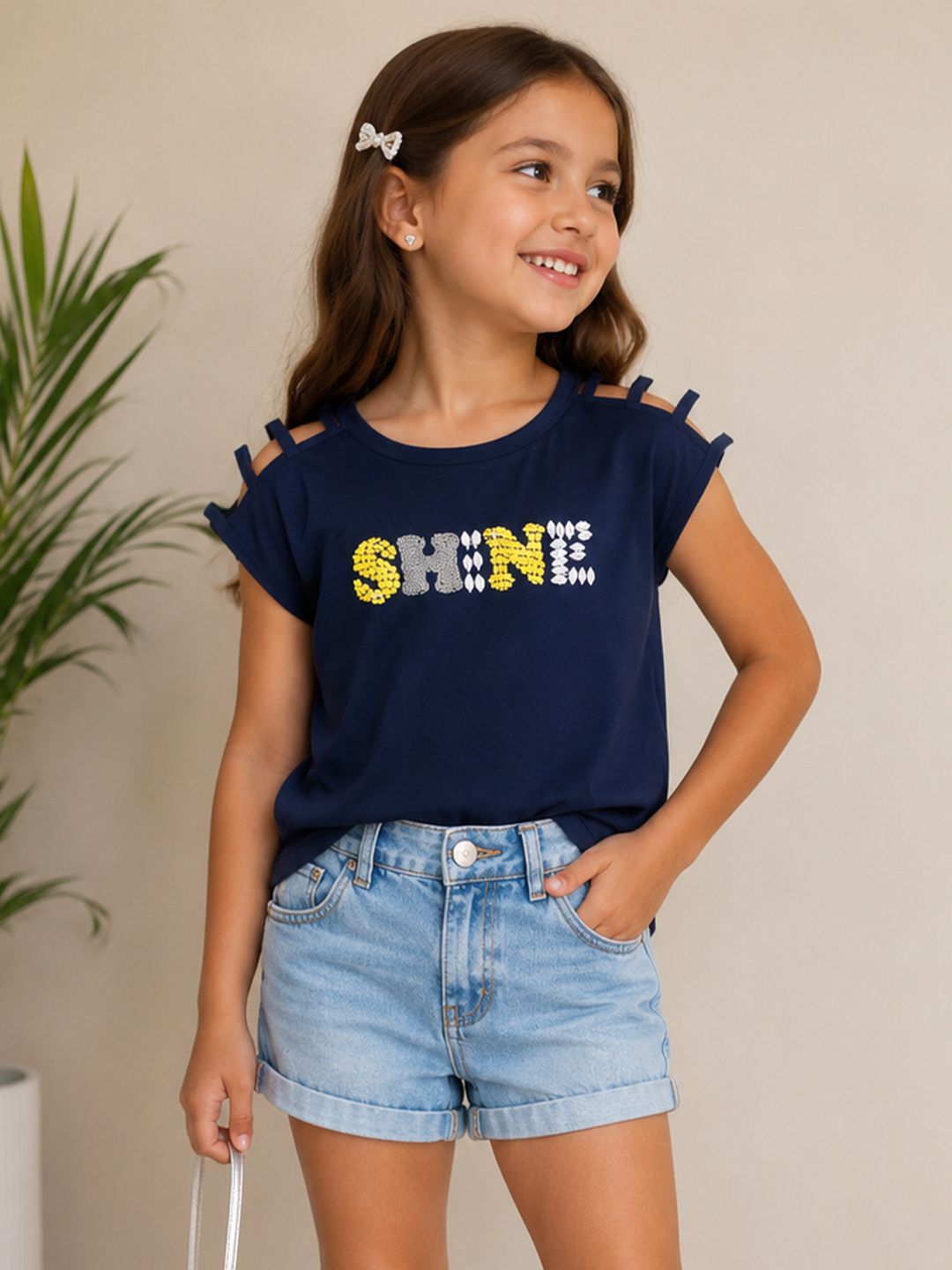 Qvink Beaded Top for Girls - Navy