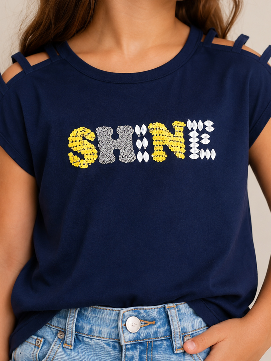 Qvink Beaded Top for Girls - Navy