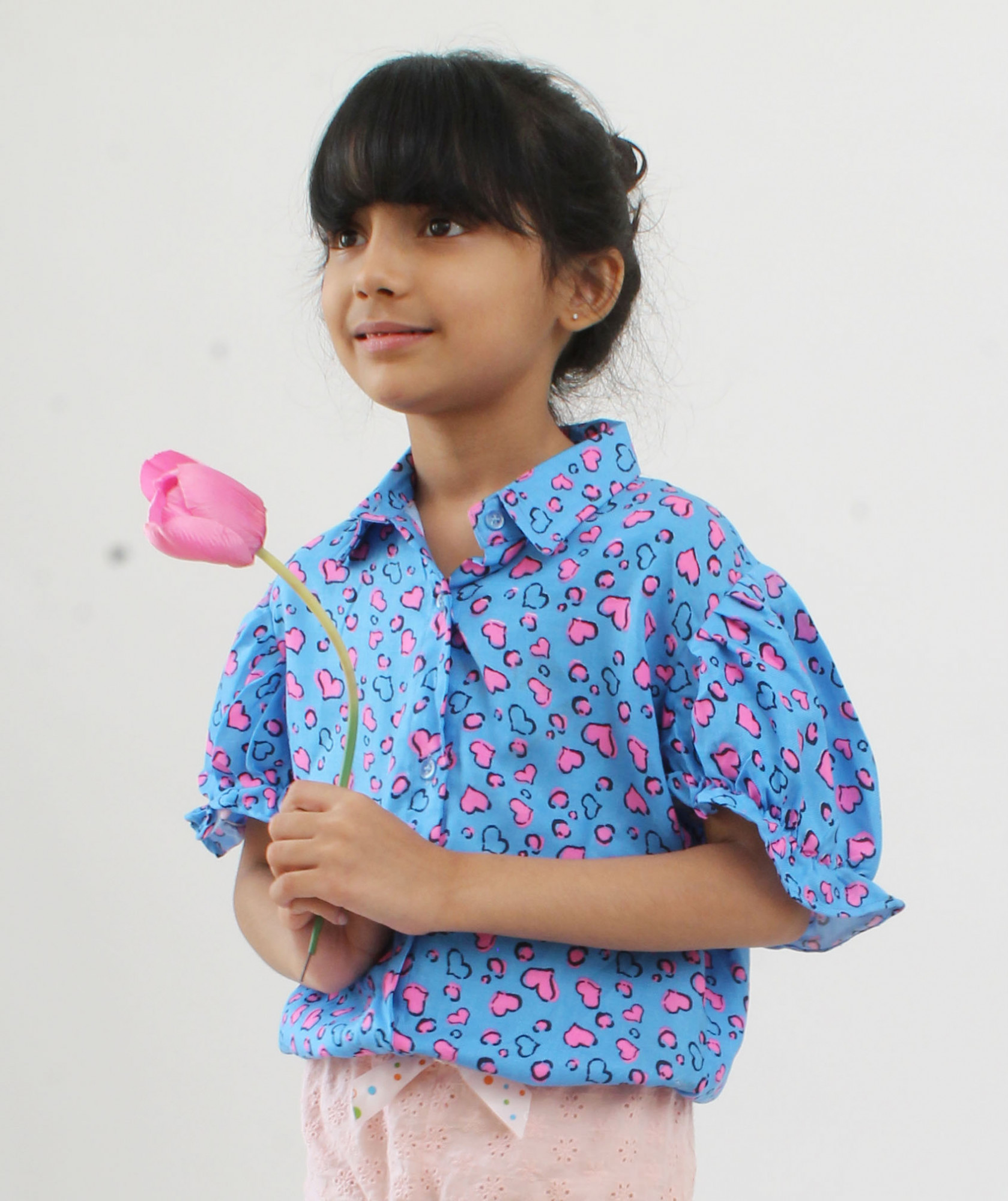 Heart Printed Collar Shirt for Girls - Blue