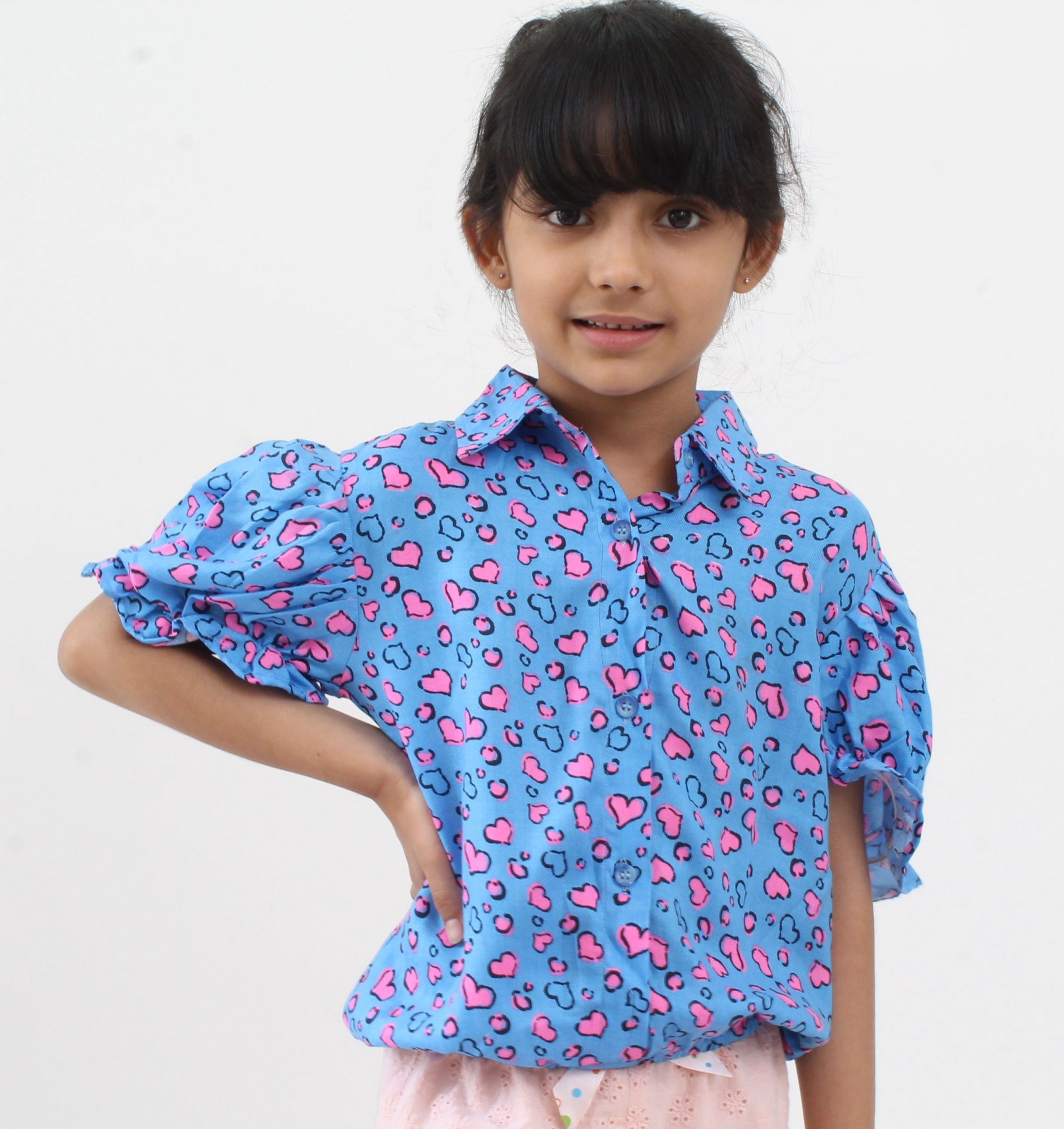 Heart Printed Collar Shirt for Girls - Blue