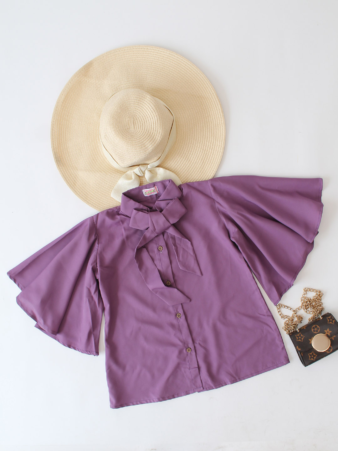 Flared Sleeves Front Openable Purple Shirt
