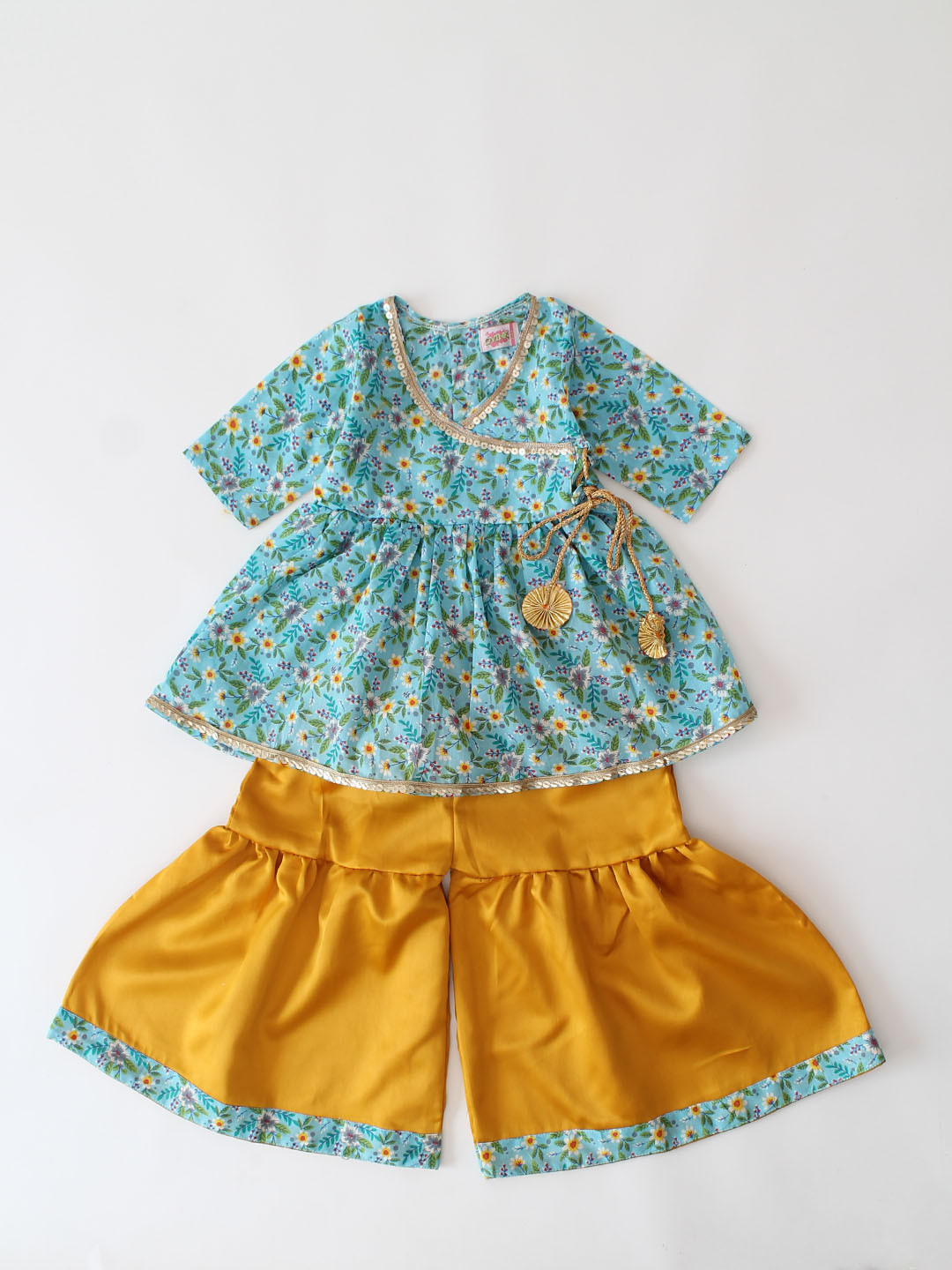 Quarter Sleeves Floral Kurti With Flared Sharara Co-ord Set-Blue