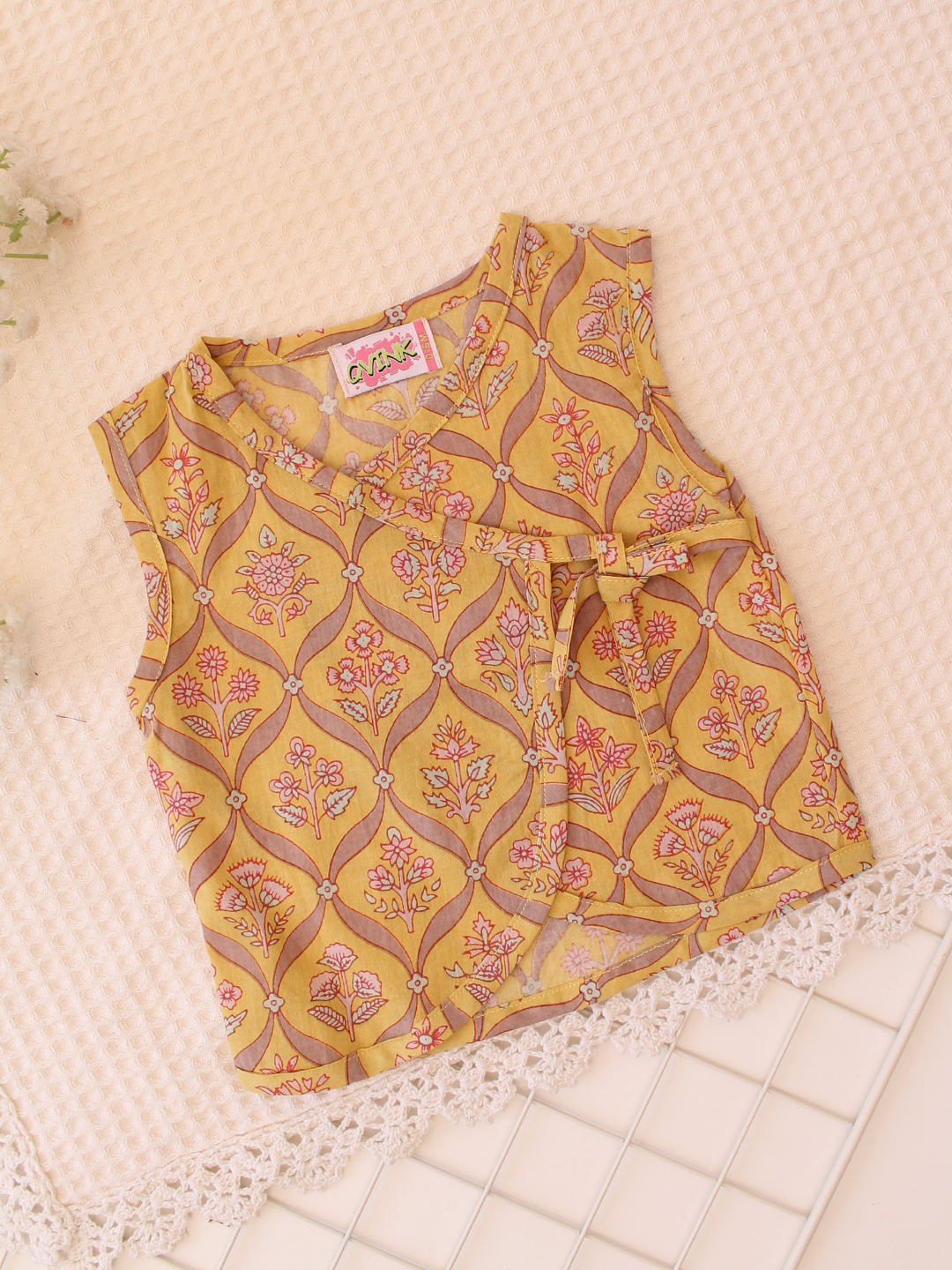 Qvink Sleeveless Floral Printed Infant Cotton Vest - Yellow